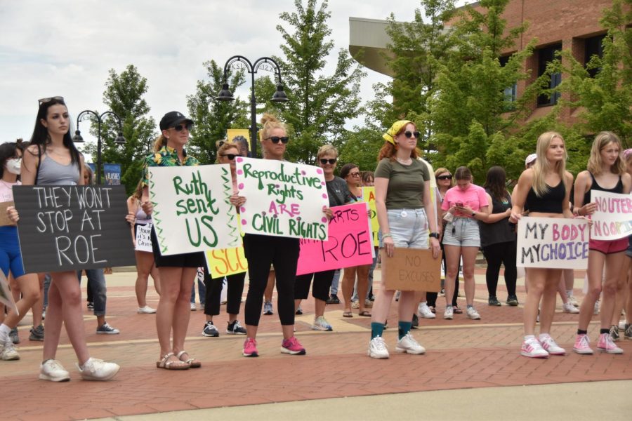 Protesters meet at Risman Plaza to object to the Supreme Court's Dobbs decision that overturned Roe v. Wade.