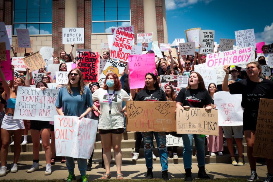 People gather at the K on Risman Plaza and march to the Portage County Municipal Courthouse, chanting "My body, my choice" or "This is what democracy looks like" while walking at the pro-abortion rights rally at Kent State on Wednesday, June 29.