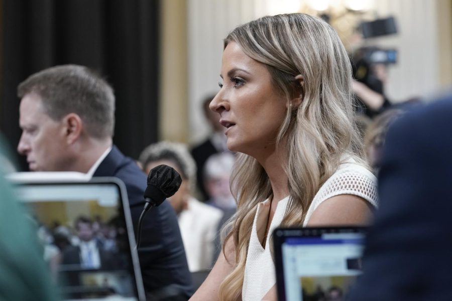 Sarah Matthews, a Kent State alumna and former White House deputy press secretary, testifies as the House select committee investigating the Jan. 6 attack on the U.S. Capitol holds a hearing at the Capitol in Washington, Thursday, July 21, 2022. Matt Pottinger, former deputy national security adviser, listens at left. 