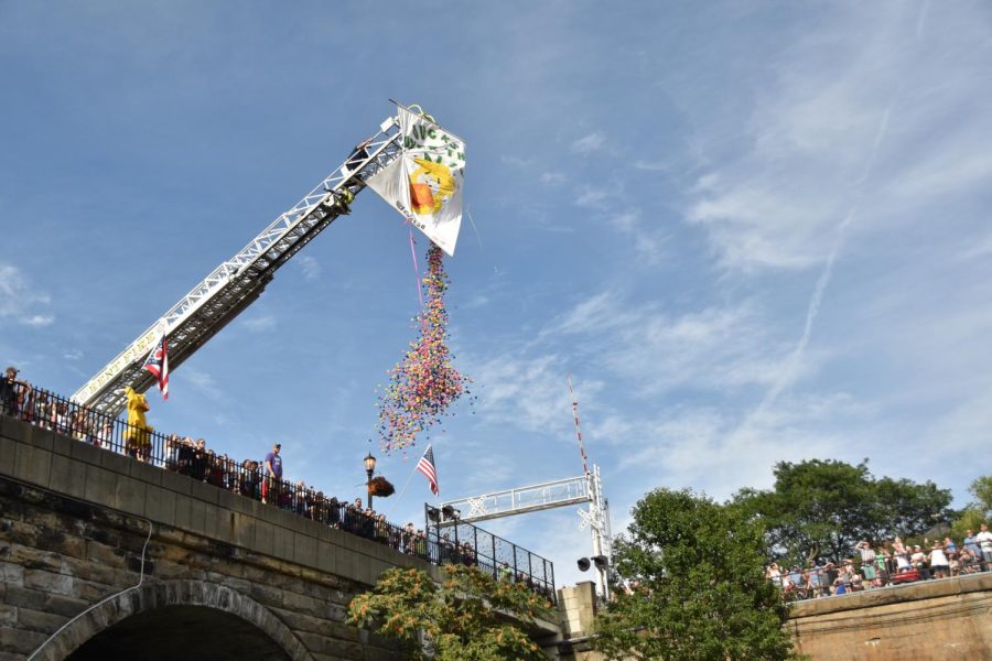 The Kent Fire Department helps with the duck races by using their ladder as a means to start the race by dropping the ducks.