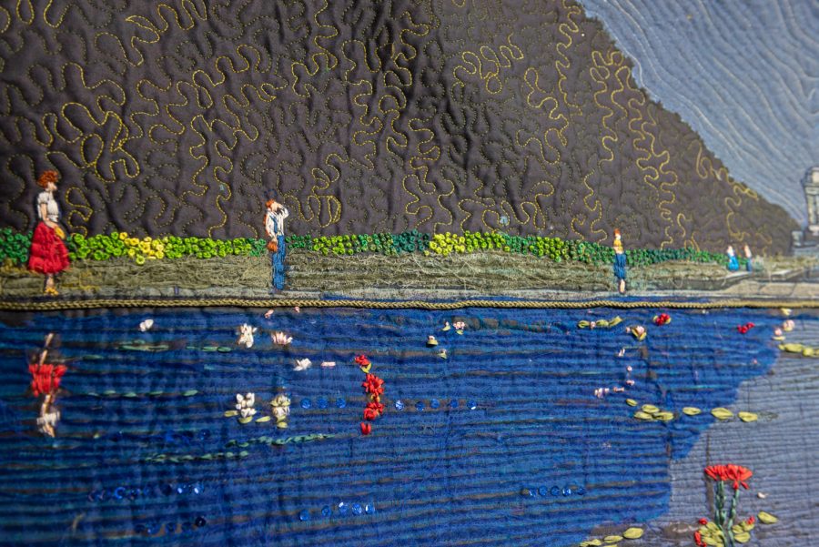 Details from Mary Ann Tipple's "Reflection Pond" show people by a body of water with flowers inside it.