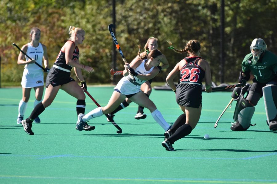 Kent State junior Jenna McCrudden winds up for a shot at the goal during the game against Ball State.