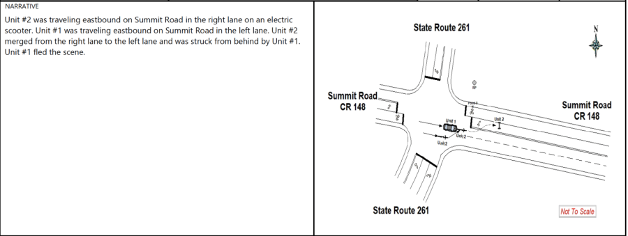 An excerpt from the crash report shows the position of Colin Pho's scooter and Timothy Michael Brind's Dodge Charger at the time of the accident. See the full report below.