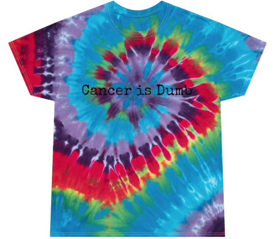 "Cancer is Dumb" tie-dye t-shirt that is a part of the new clothing feature line.