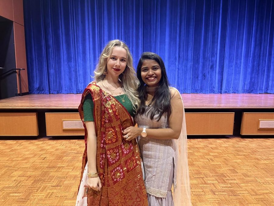 Ryleigh Haggerty (left) and Monika Dubaria (right) after winning the best dressed contest. Haggerty invited Dubaria on stage to give her credit.