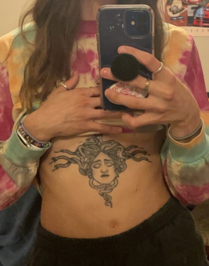 Sydney Kearns proudly displays her Medusa tattoo. The tattoo represents her survival of sexual assault. 