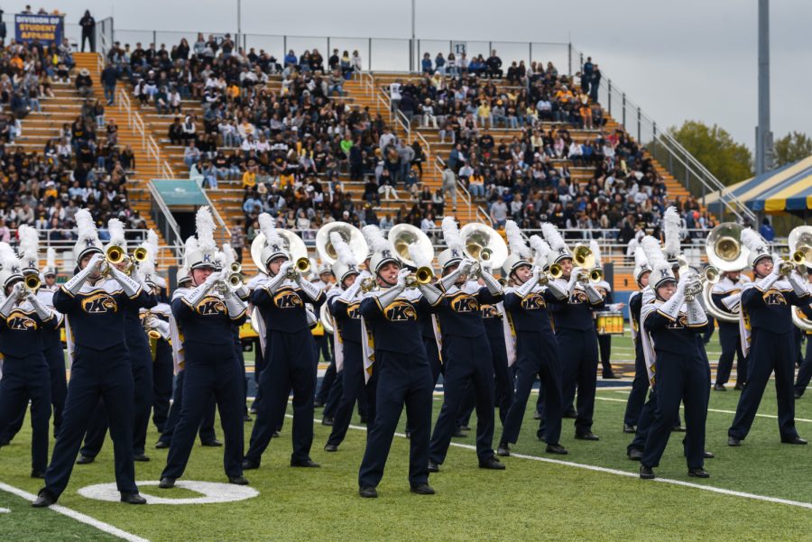 The Kent State Marching Golden Flashes play during halftime for the crowd. The band played a variety of Harry Styles' songs including "What Makes You Beautiful" and "Watermelon Sugar."