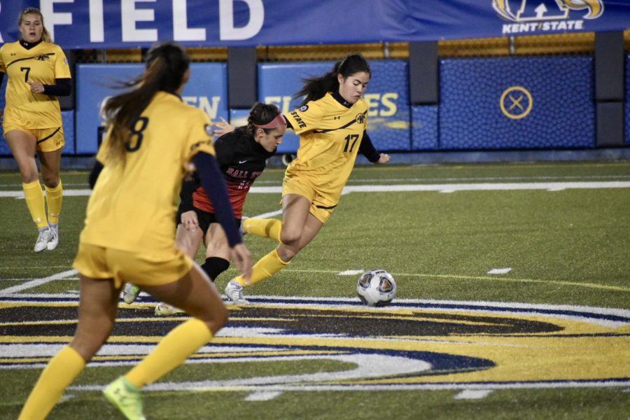 Kent State freshman midfielder Kelsey Salopek steps into a kick during her soccer team's game against Ball State Oct. 21, 2022. 