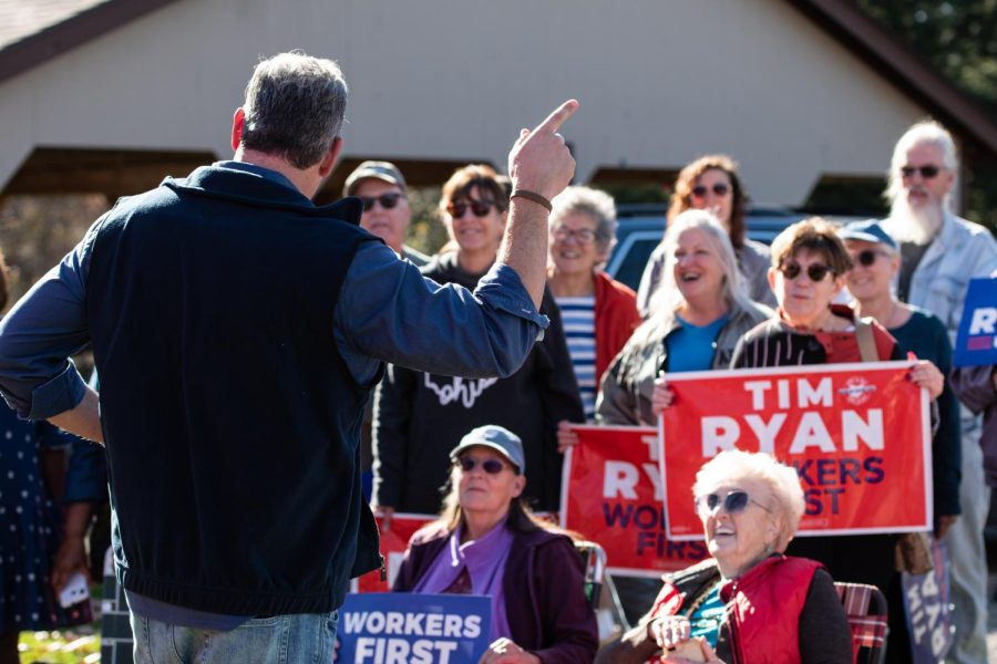 Democratic senator candidate Tim Ryan speaks with supporters during a campaign stump at Kent Ohio's Plum Creak Park on Nov. 7, 2022. 