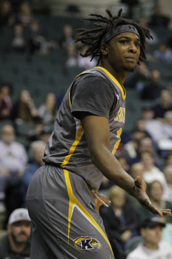 Guard Malique Jacobs looks for a foul call but doesn't get one in Kent State's 67-58 win over Cleveland State on Saturday afternoon.