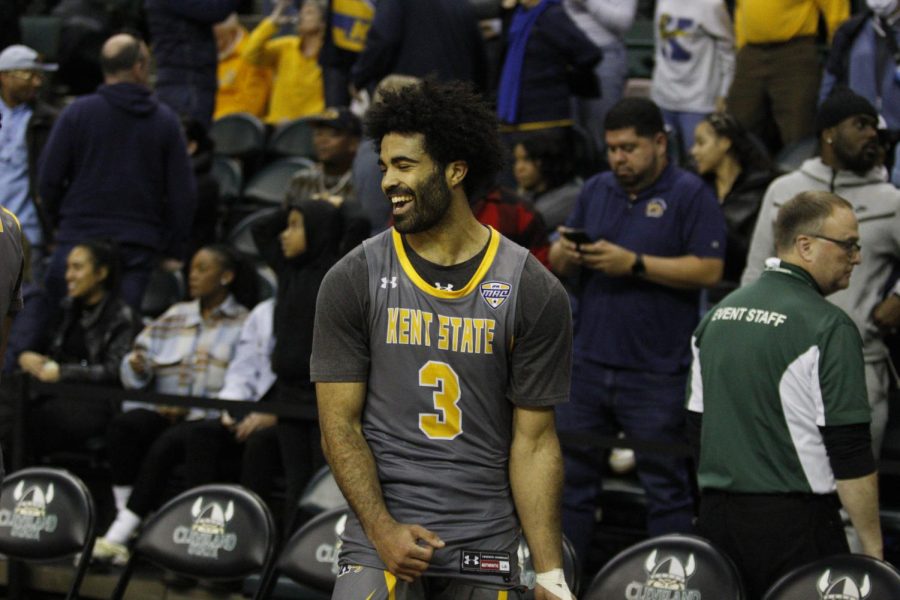 Guard Sincere Carry celebrates Kent State's 67-58 win over Cleveland State on Saturday afternoon.