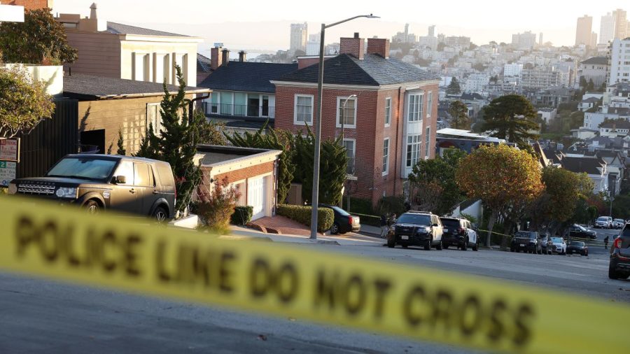 Police tape is seen in front of the Pelosis' home on October 28, 2022, in San Francisco, California.
Justin Sullivan/Getty Images