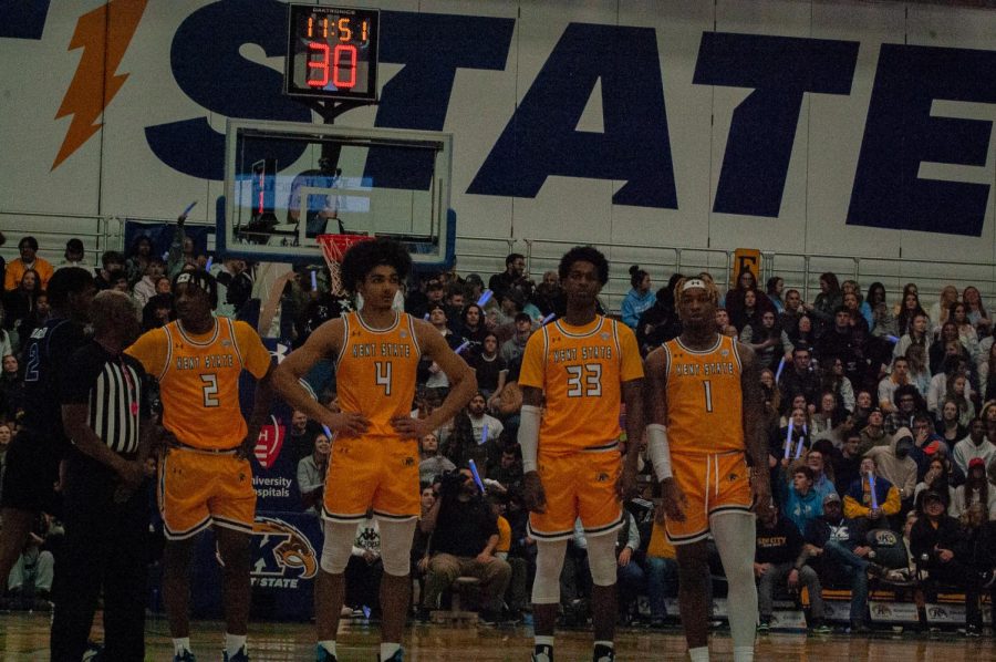 Kent State redshirt senior Malique Jacobs, senior Chris Payton, redshirt senior Miryne Thomas and redshirt sophomore VonCameron Davis waiting for Buffalo during the game on Jan. 27, 2023.