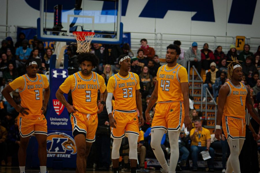 Kent State starting five, red-shirt senior Malique Jacobs, Sincere Carry, Miryne Thomas, sophomore Cli'Ron Hornbeak and red-shirt sophomore VonCameron Davis (left to right) getting ready for the game against Eastern Michigan on February 17, 2023.