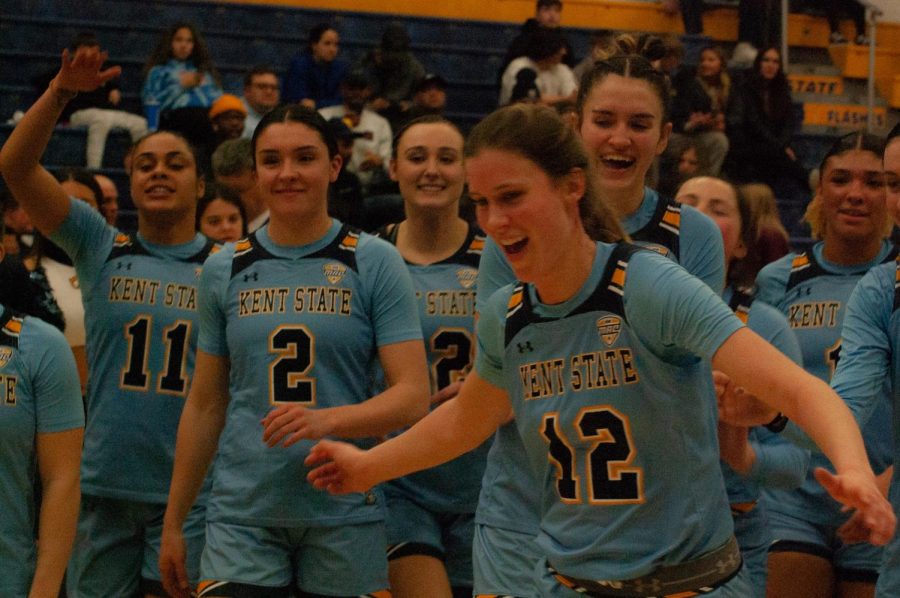 Kent State women's basketball team celebrating their 11th home game win against Ohio University February 22, 2023. 