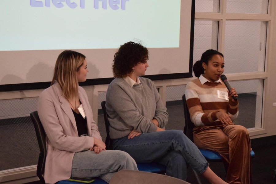 Kayla Stephens, Grace Schick and Julia Buonaiuto come together as a pannel of women in student government at the Elect Her event in the Women's Center of Taylor Hall. 