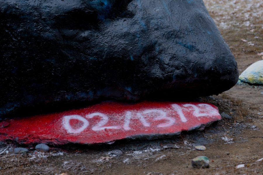 The back of the rock with "2/13/23" written, the day of the tragic shooting at Michigan State University on Feb. 17, 2023.