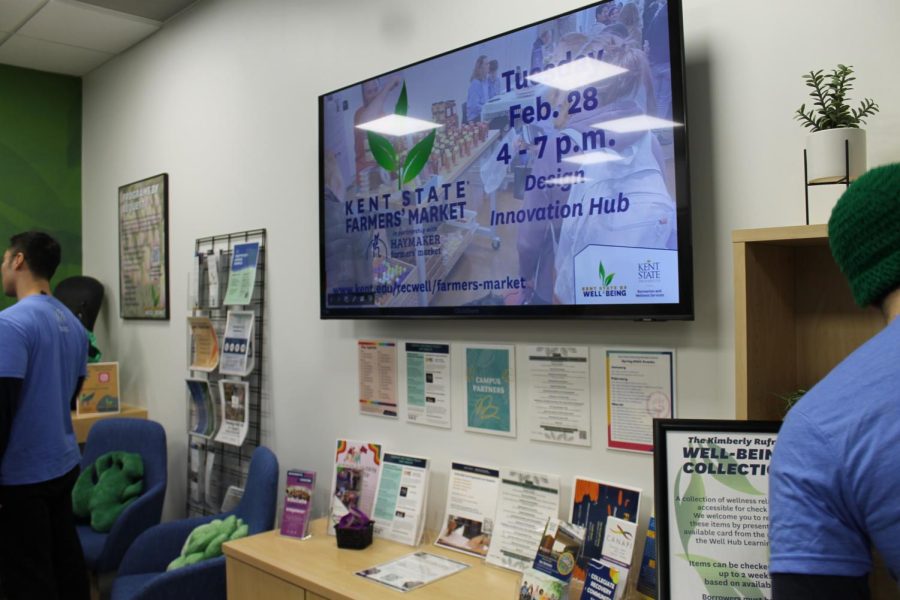 Display case with brochures and information located in the new Well Hub inside the Student Recreation and Wellness Center Feb. 22, 2023.