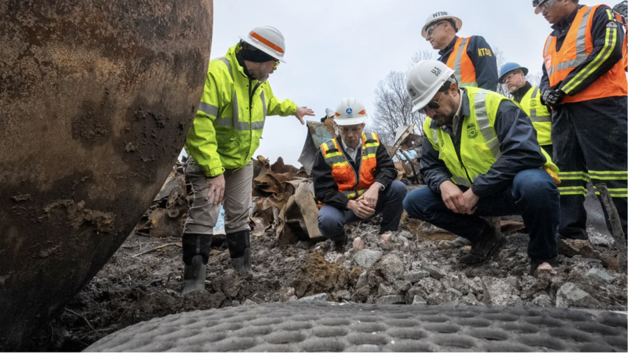 U.S. Secretary of Transportation Pete Buttigieg visited East Palestine, Ohio, with Department of Transportation Investigators at the site of the derailment on Thursday.
(Brooke LaValley-Pool/Getty Images)