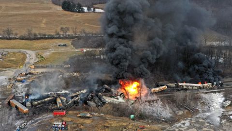 This photo taken with a drone shows portions of a Norfolk and Southern freight train that derailed Friday night in East Palestine, Ohio are still on fire at mid-day Saturday, Feb. 4, 2023.