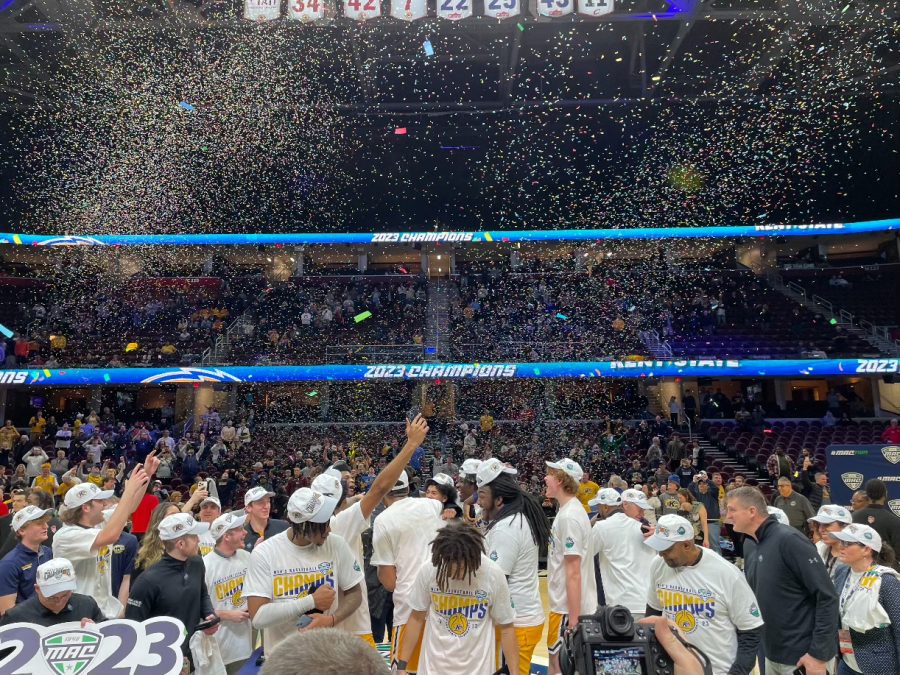 The Kent State Men’s basketball team celebrates winning the MAC Tournament Championship against UT March on 11, 2023. 