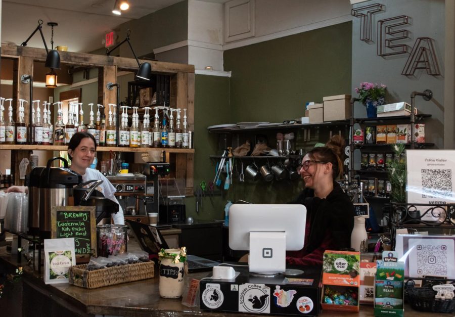 Kent State alumna Poppy Henrikson (left) and junior Polina Kisileva (right) work behind the counter at Scribbles Coffee Co. March 15, 2023. Scribbles Coffee Co. received several Best of Kent nominations and is located at 237 N. Water St.