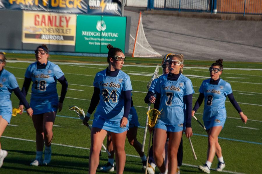 Kent State women's lacrosse teaming coming off the field at half-time during the game against Delaware State on March 8, 2023.