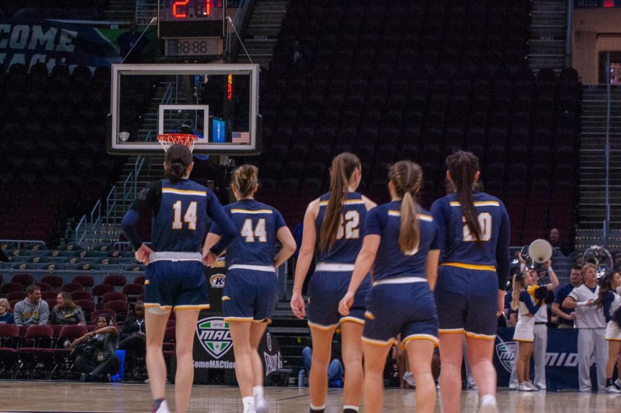 The women's basketball team takes the court at the MAC Tournament Semifinal game against UT March 10, 2023. 