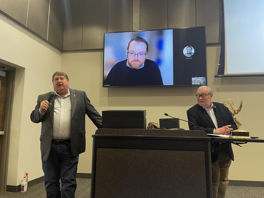 Bob Hammer (left), Adam Sharp (above) and Terry O'Reilly (right) tell guests about the National Academy of Television of Arts and Sciences March 14. The purpose of the lecture was to inform and educate students on NATAS and the history of the Emmys.