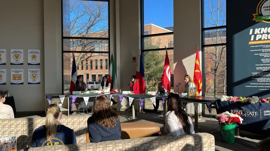 A panel discusses gender equity across the globe in honor of International Women's Day (from right to left: Alizée Portrel, Parnia Azini, Kristina Nepomuceno-Nieves, Ikram Toumi and Ivana Krsteska)