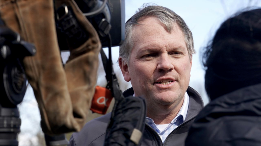 Norfolk Southern President and CEO Alan Shaw speaks to reporters, Tuesday, Feb. 21, 2023, near the site where a freight train derailed February 3 in East Palestine, Ohio.
(Matt Freed/AP)