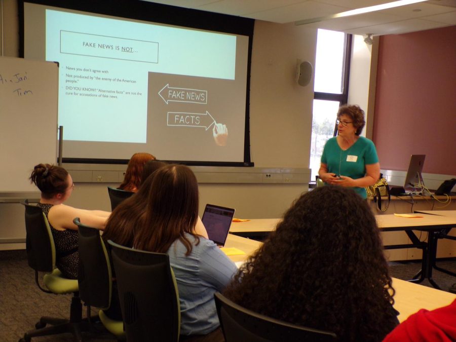 Jan Leach speaks to gathered high school students invited to Kent State's campus for OSMA about fake news April 14, 2023.