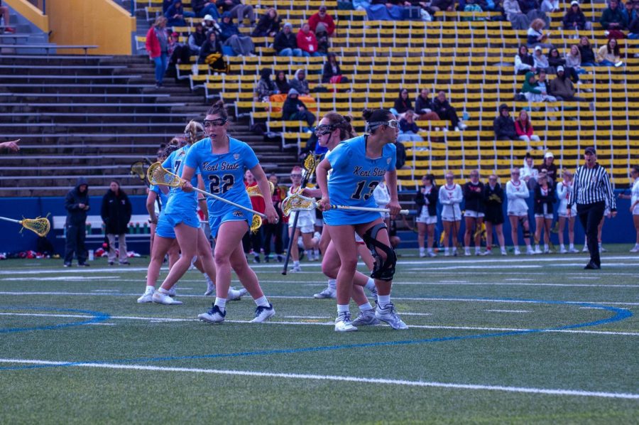 Kent State freshmen Peyton Gellin and senior Delaney Knipp set up in a defensive formation against Youngstown State during their game on April 29, 2023.