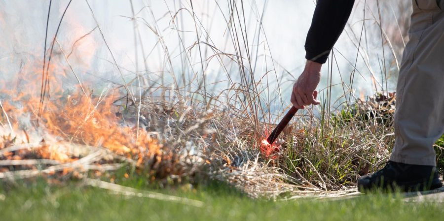 The Kent Fire Department uses flares to sparks fires during the annual prairie burn on April 25, 2023. 