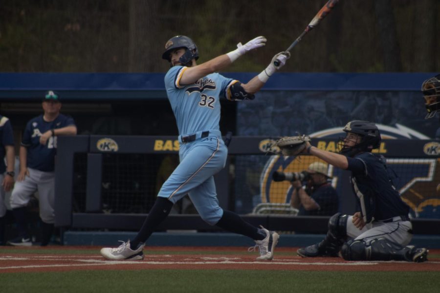 Outfielder Josh Johnson, a then-senior, swings at the ball during a game against Akron on April 15, 2023.