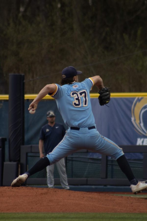 Pitcher Joe Whitman in the game against the University of Akron on April 15, 2023.