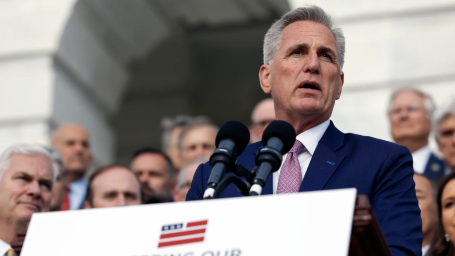 House Speaker Kevin McCarthy speaks at an event celebrating 100 days of House Republican rule at the Capitol Building April 17 in Washington, DC.
(Anna Moneymaker/Getty Images)