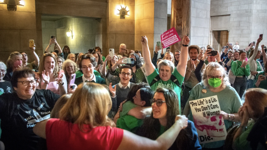 Opponents of LB626, an anti-abortion bill celebrate after the bill fails to advance on Thursday, April 27, 2023, at the Nebraska State Capital in Lincoln, Nebraska.
Larry Robinson/Lincoln Journal Star/AP