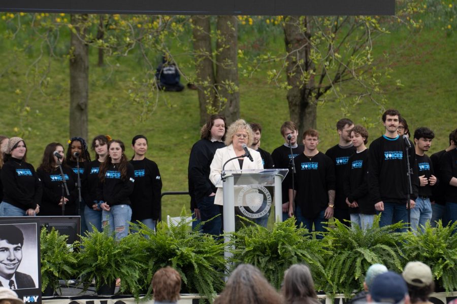 Provost Melody Tankersley introduces the Kent State University Choral on May 4th, 2023. The Choral performed a rendition of "Ohio" followed by "Hands."