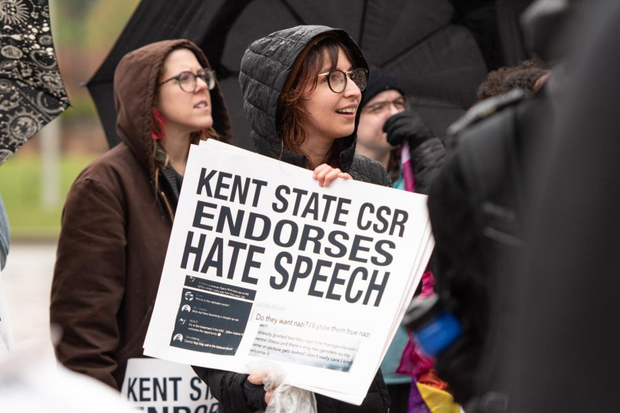 Attendees gathered for the "Hold Kent State Republicans Accountable" protest bear signs with social media messages pulled from College Republicans members' social media accounts May 1, 2023.