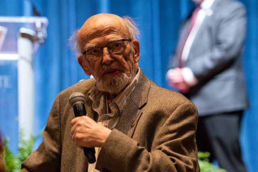 Professor of Sociology Jerry Lewis speaks briefly during the lecture series on May 3, 2023.