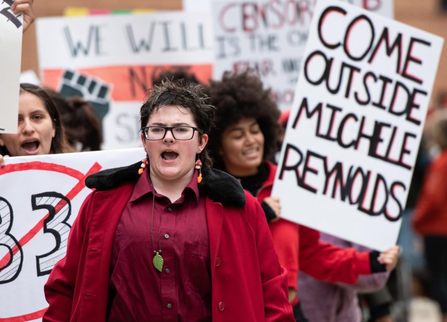 After the May 4 Commemoration, protesters opposing Ohio Senate Bill 83 march from the student commons past Taylor Hall on May 4, 2023.