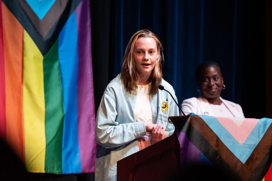 Kent State graduating senior Austin Brewster says a few words as she takes the stage before receiving her stole during the Lavender Graduation May 5, 2023.