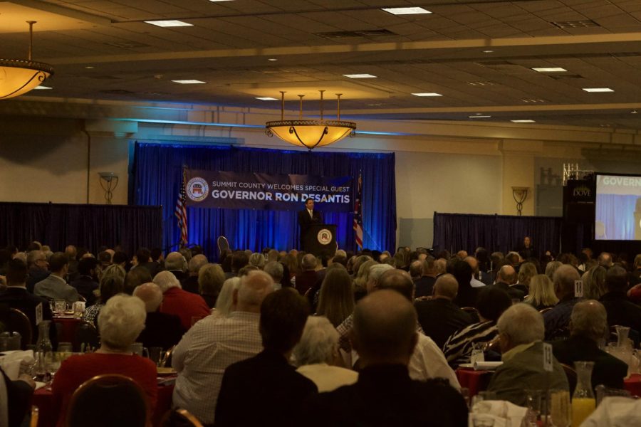 Florida Governor Ron DeSantis addresses the crowd at the Lincoln Breakfast April 13, 2023.