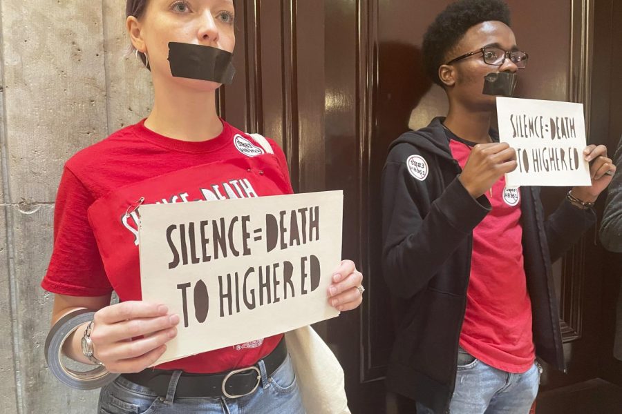 Opponents of a multifaceted higher education bill protest across the Ohio Statehouse in Columbus, Ohio, Wednesday, May 17, 2023. The bill, which cleared the Republican-dominated state Senate on Wednesday, 21-10, would severely limit diversity, equity and inclusion training at Ohio's public universities, prohibit faculty from striking and bar public universities from taking stances on "controversial" topics. It next goes to the House for consideration.