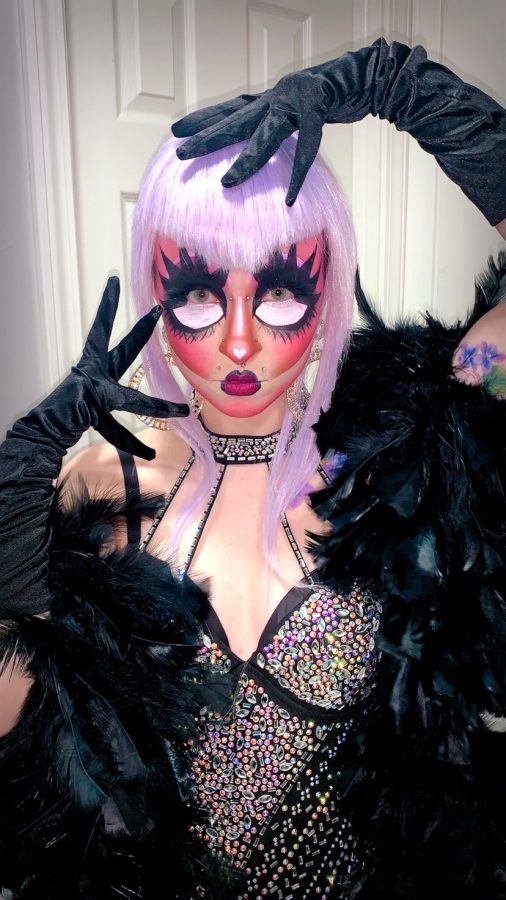 Caton as her drag persona, Clara Tea.