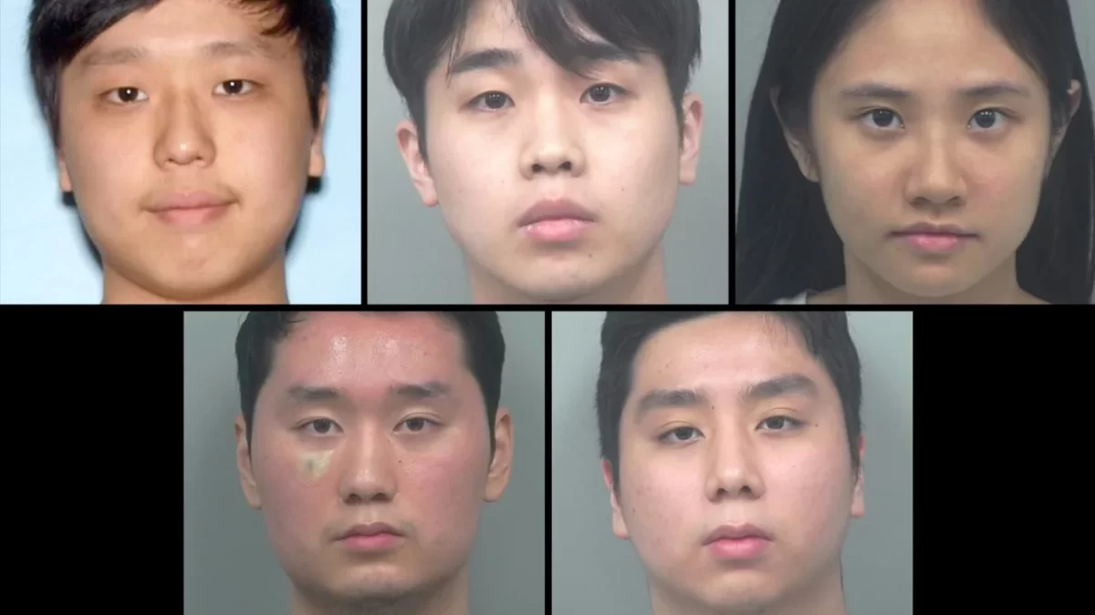 On the top row, from left, are suspects Eric Hyun, Gawom Lee and Hyunji Lee. On the bottom row are Joonho Lee, left, and Juoonhyum Lee. A sixth suspect, a juvenile, is not pictured. (Gwinnett County Police)