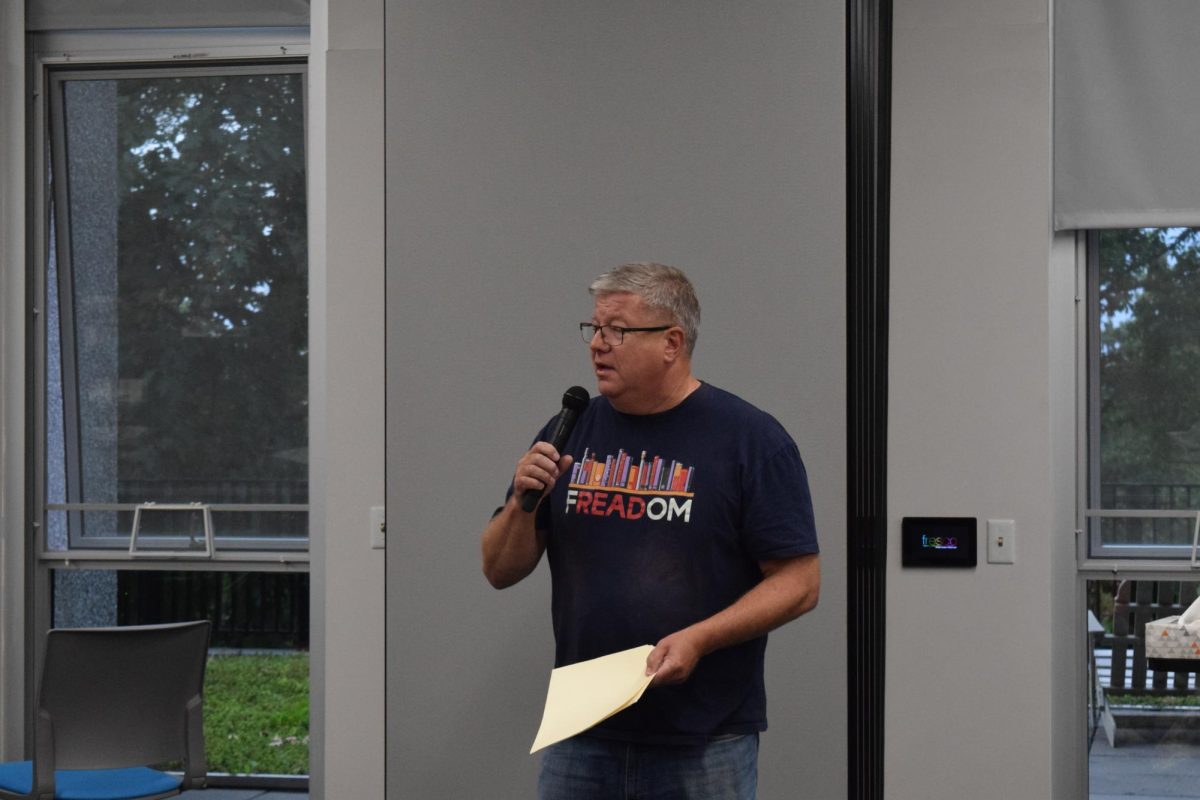 Eric Mansfield shares a final monologue from his play Trial By Fire in Taylor Hall at the Read-In on Sept. 27, 2023.