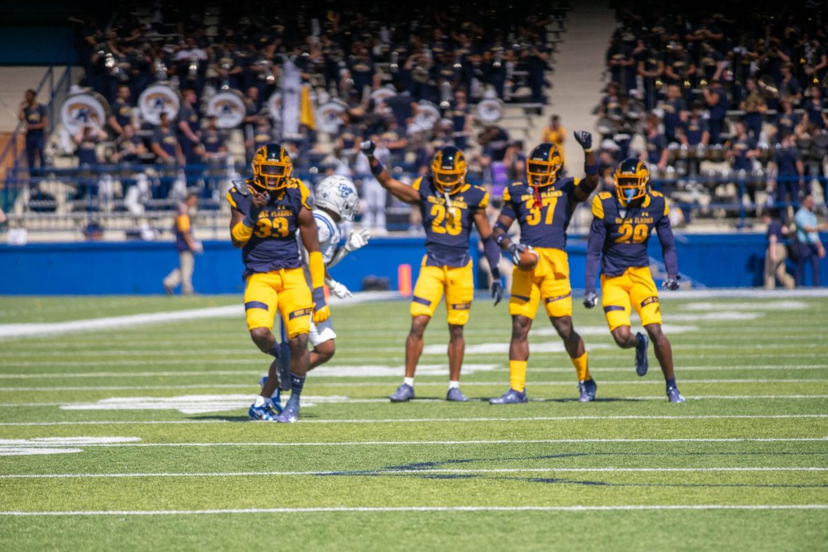 Kent State football team celebrates another first down against Central Connecticut during its home opener Sept. 16, 2023. 