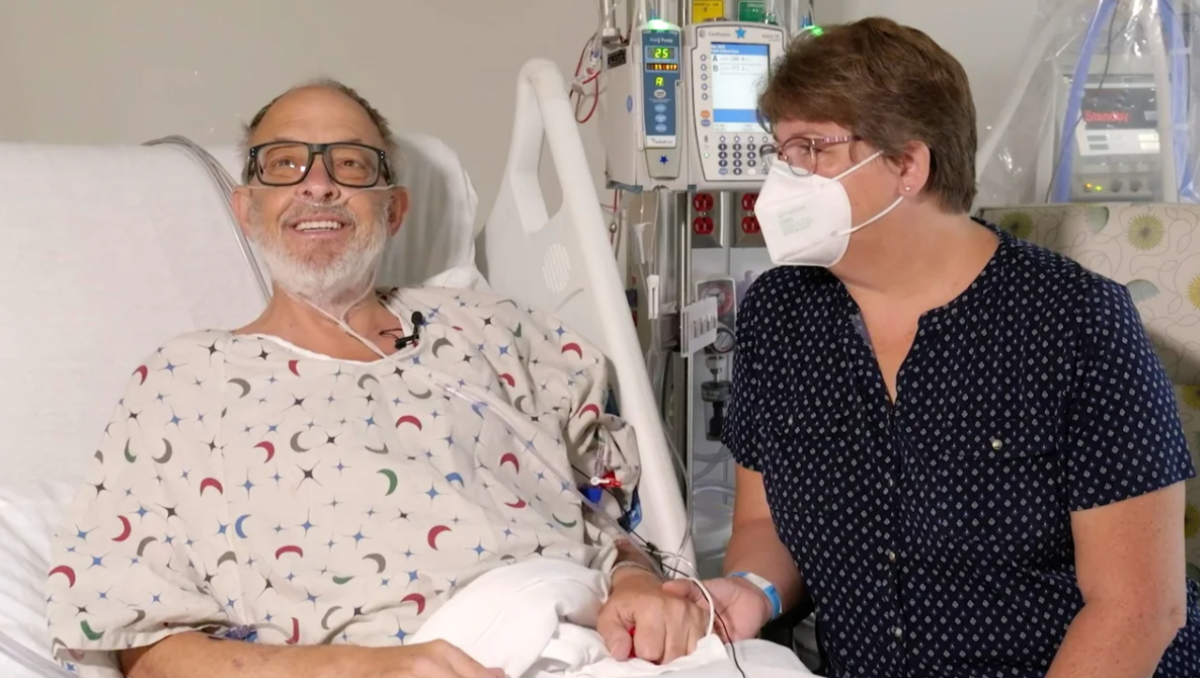 In this photo provided by the University of Maryland School of Medicine, Lawrence Faucette sits with wife, Ann, in the school's hospital in Baltimore, Md., in September 2023, before receiving a pig heart transplant.
